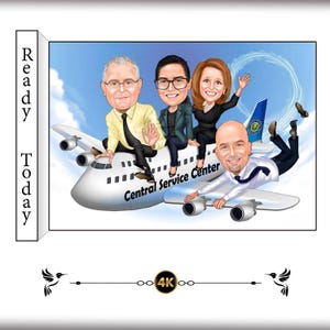 カスタム飛行機漫画似顔絵 - オフィスユーモアアート、ビジネス旅行イラスト、企業チームギフト、面白い会社の絵