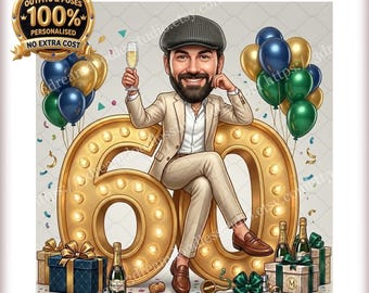 Caricatura 3D personalizada, regalo de cumpleaños número 60 para él, retrato digital, obra de arte para papá.