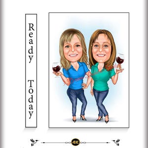Custom Wine Lovers Caricature - Best Friends Cartoon, Girls Night Out Art, Digital Portrait, Personalized Gift for Wine-Loving Women