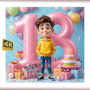3D Caricature Cartoon - 18th Birthday Boy in Yellow Hoodie & Jeans with Balloons and Cake, Fun Gift, Party Decor, Personalized Art