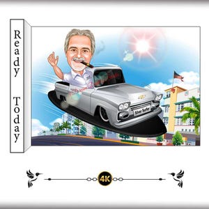 Silver Surfer Caricature in 1958 Chevrolet - Retro Cartoon with Cigar, Beach Scene & American Flag, Custom Classic Car Digital Art