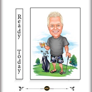 Caricature de golf personnalisée - Golfeur heureux avec club, sac et whisky, détente sur le parcours, cadeau d'art numérique pour les loisirs de plein air