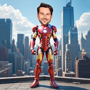 カスタムアイアンマン似顔絵、パーソナライズされたスーパーヒーロー漫画アート、彼へのデジタルギフト、マーベルファンのお父さん
