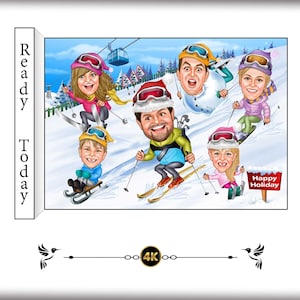 May include: A cartoon illustration of a family of six enjoying a winter holiday on the slopes. The family is dressed in colourful winter clothing and is skiing, snowboarding, and sledding. The image is set against a snowy mountain backdrop with a blue sky and white clouds. The text "Happy Holiday" is visible on a red sign.