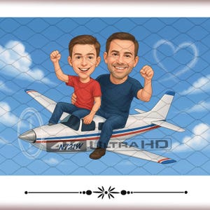 May include: Digital illustration of two people riding a small airplane against a blue sky with clouds. The plane is white with red and blue stripes. The text "N721W ULTRAHD" is visible on the plane's body. The people are smiling and wearing casual clothes.