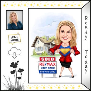 Custom Caricature Cartoon Illustration - Real Estate Agent, Superhero, Businesswoman - REMAX, Sold Sign, Home, Realtor Gift Idea