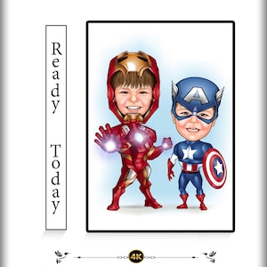 Benutzerdefinierte Superheld Karikatur - Lustiges Avengers Cartoon, Marvel Fan Geschenk, großer Kopf Stil, Digitales Porträt, Iron Kids & Captain America