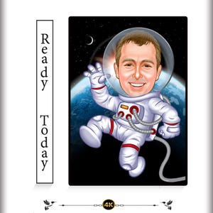 Caricatura divertida de astronauta: dibujo espacial personalizado, arte digital, regalo de ciencia ficción, ilustración de traje espacial, retrato caprichoso de la Tierra y la Luna.