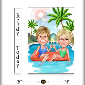 Aangepaste vrouwenkarikatuur aan het zwembad - twee vrienden roosteren met champagne, tropische vakantiekunst, gepersonaliseerd cadeau voor beste vrienden
