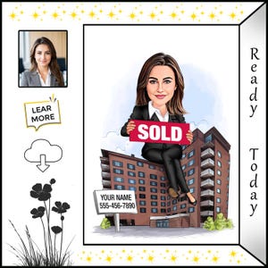 Custom Caricature Cartoon Illustration for Real Estate Agents, Businesswomen - House Sold Sign, Property, Apartment, Condo Gift Idea