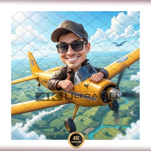 May include: Cartoon illustration of a smiling person in sunglasses and a cap, giving a thumbs-up from a yellow airplane. The plane is flying over a green landscape with a blue sky and a bird. The image has a 4K ULTRA HD logo.