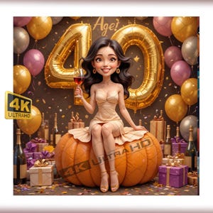 3D-Karikatur-Karikatur - 40. Geburtstag Frau im Champagnerkleid mit der Nummer 40, elegantes und glamouröses Geschenk, Partydekor, digitale Kunst