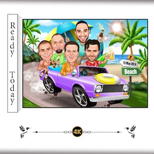 Men's Beach Trip Caricature - Group of Friends Cartoon Illustration - Summer Vacation Road Trip Fun - Tropical Setting - Custom Gift
