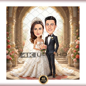 Elegant Wedding Caricature Portrait | Personalized Bride & Groom Cartoon | Unique Anniversary or Engagement Gift