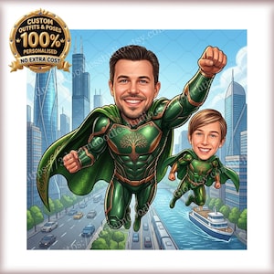 Könnte beinhalten: Eine digitale Karikatur-Illustration von zwei Personen in grünen und goldenen Superheldenkostümen mit Baumemblemen, die über eine Stadt mit Wolkenkratzern, einem Fluss und einem Boot fliegen. Ein goldenes Abzeichen zeigt CUSTOM OUTFITS & POSES 100% PERSONALISED.