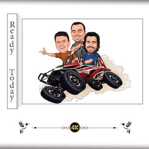 Custom Caricature of Three Men Riding an Off-Road Buggy - Fun Adventure Cartoon Illustration - Personalized Automotive Art Gift