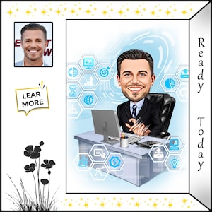 Puede incluir: Una ilustración de dibujos animados de un hombre sentado en un escritorio frente a una computadora. Lleva un traje y corbata. El fondo es azul con varios iconos y el texto "Ready Today".