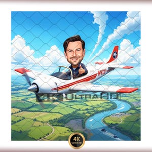 Op de afbeelding: Cartoon illustratie van een man in een wit en rood vliegtuig dat over een groen landschap met een rivier vliegt. Het vliegtuig heeft de tekst "MYDI" op de zijkant. De afbeelding heeft de tekst "4K ULTRA HD" en een "4K ULTRA HD" logo.