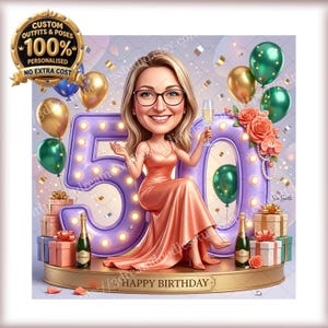 Könnte beinhalten: Digitale Illustration zum 50. Geburtstag. Eine Frau in einem pfirsichfarbenen Kleid sitzt neben einer großen, beleuchteten Zahl 50. Ballons, Champagner und Geschenke umgeben sie. Die Worte "Happy Birthday" stehen unten.
