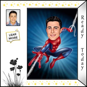 Custom Cartoon Spiderman Caricature - Digital Art, Superhero Illustration, Marvel Character, Gift for Fans, Personalized Drawing