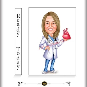 Funny Cardiologist Caricature - Custom Heart Doctor Cartoon, Female MD Gift, Digital Art, Stethoscope Illustration, Personalized Medical Art