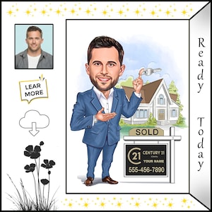 Custom Caricature Cartoon Illustration for Real Estate Agents - Realtor Gift, House Key, Sold Sign, Century 21 Style, Property Sale Gift