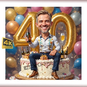 May include: A cartoon illustration of a man sitting on a decorated cake, holding a bottle of wine. A large gold number 40 balloon is behind him. The background includes colorful balloons and bottles of wine. The image has a 4K Ultra HD logo.