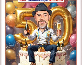 Custom 50th Birthday Gift for Men, Personalized Caricature on Cake, Fifty Year Old Portrait