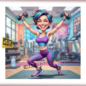 Fitness Girl Caricature - Gym Workout Cartoon Portrait, Custom Woman Exercising Art, Dumbbell Gift for Female Fitness Enthusiasts