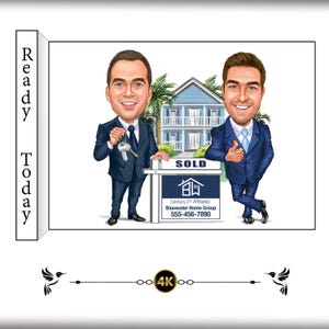 Custom Caricature for Realtors & Real Estate Agents - Couple or Two People Cartoon Illustration with House, Keys  Sold Sign
