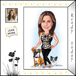 Custom Caricature Cartoon - Woman with Two Dogs (Boxer & Chihuahua) - Digital Art Pet Portrait - Leopard Print Top and  Black Pants