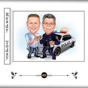Custom Caricature of Police Officer - Funny Cartoon Illustration, Two People, Smiling, Uniform, Police Car - Perfect Gift for Men