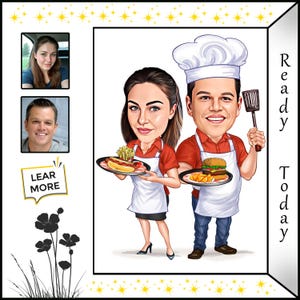 Chef Couple Caricature Cartoon | Custom Kitchen Cooking Art | Fun Restaurant Gift | Burger Hot Dog Fries Illustration