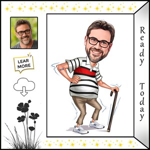 Whimsical Caricature Cartoon of Happy Older Man with Walking Cane, Striped Shirt & Glasses - Custom Casual Portrait Illustration