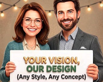 May include: A rectangular white sign held by two smiling individuals, featuring the text "YOUR VISION, OUR DESIGN (Any Style, Any Concept)" in raised gold and green lettering against a neutral background with soft string lights.