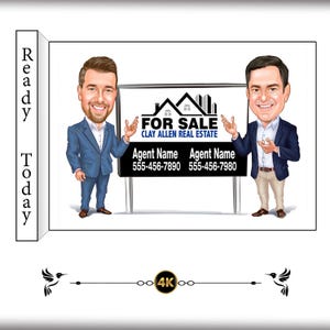 Custom Caricature for Realtors & Real Estate Agents - Couple or Two People Cartoon Illustration with Smiling  For Sale Sign, House