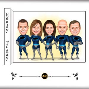 Custom Superhero Family Caricature Cartoon - Unique Heroic Portrait Gift for Families, Couples & Kids - Personalized Comic Book Art