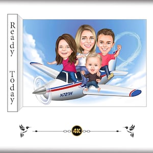 Personalized Family Airplane Caricature - Custom Cartoon Portrait, Unique Travel Gift, Aviation Art, Kids Family Plane Illustration