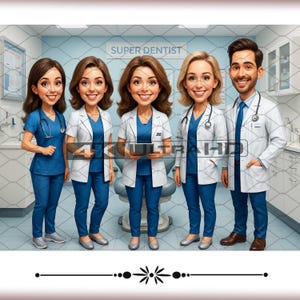 Custom 3D Dental Team Caricature Portrait, Personalised Dentist Office Art