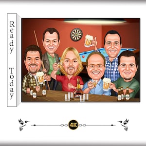 Men's Night Out Karikatur - Gruppe von Freunden Bar Szene Illustration - Cartoon Style - Bier trinken, Billard & Darts spielen - Individuelles Geschenk