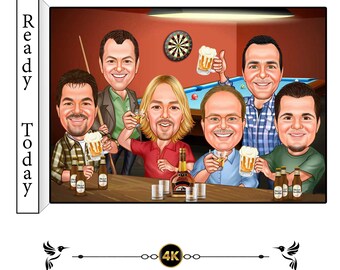Custom Group Caricature Portrait Mens Cartoon Bar Scene Digital Art