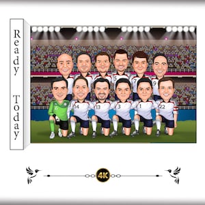 Soccer Team Caricature - Custom Cartoon Group Illustration - Men's Team Portrait - Soccer Field Background - Personalized Uniform