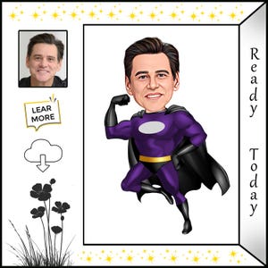 Caricatura personalizada de homem de desenho animado - Fantasia de super-herói com capa - Ilustração muscular voadora - Presente de arte masculino personalizado
