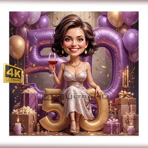 3D-Karikatur-Karikatur - Elegante Frau im Champagnerkleid zum 50