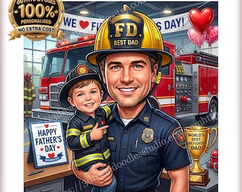 Personalized Firefighter Dad Portrait | Father Day Gift For Him | Fireman Son Caricature | Printable Keepsake