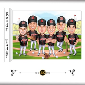 Baseball Team Caricature - Custom Cartoon Group Illustration with Field Background & Uniforms - Perfect Gift for Players   Coaches