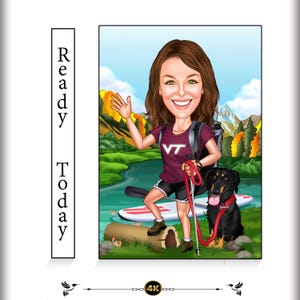 Custom Cartoon Girl & Dog Caricature - Hiking, Surfing, Adventure with Backpack Paddleboard, VT Fan Art, Pet Portrait, Outdoor Fun
