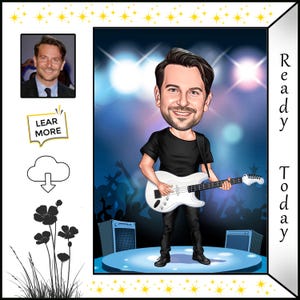 Musician Caricature Cartoon - Guitarist & Bass Player Illustration - Live Music Concert Performance, Stage Entertainment, Crowd Scene