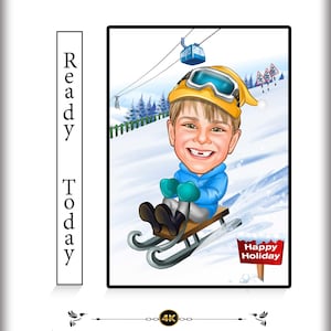 Aangepaste karikatuur rodelen - wintersporttekenfilm, grappige sneeuwsleekunst, illustratie kindersleetocht, digitaal vakantiecadeau