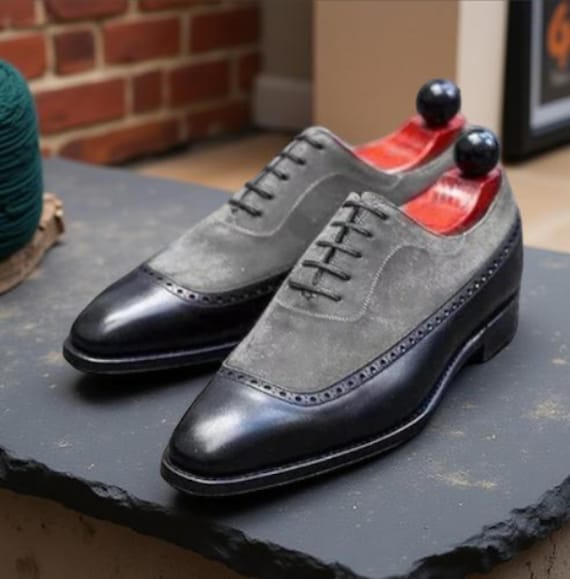 Handmade Mens Oxford Shoes Black  Grey Leather Suede  Dress & Party Shoe